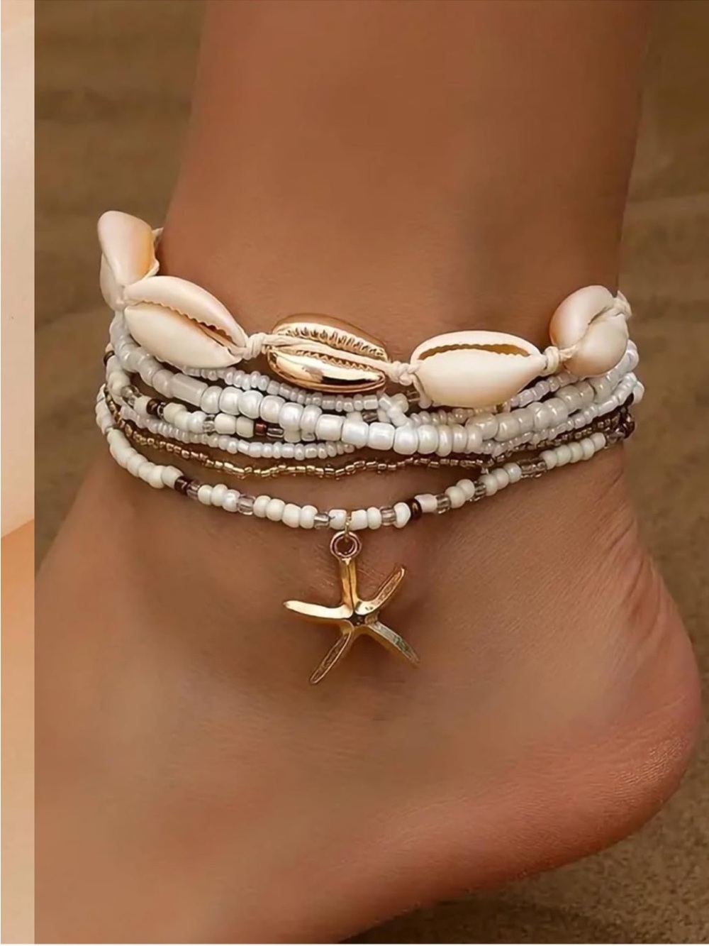 New White & Gold Shell Anklet Stack - Picture 4 of 7